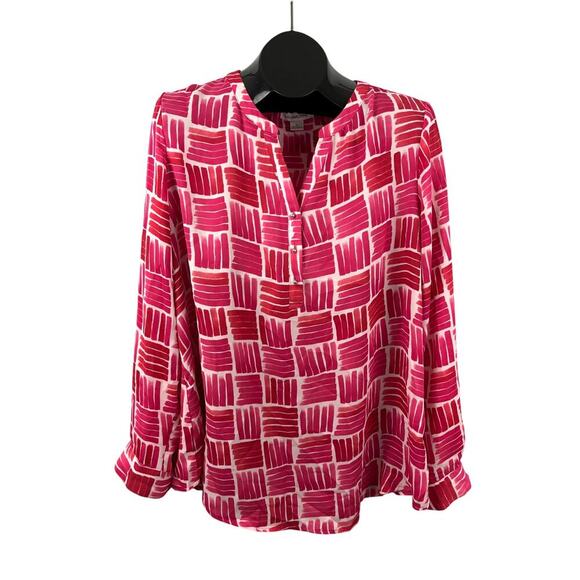 Liz Claiborne Women's Sheer Blouse XL Red Pink White V-Neck Pullover Pattern - Picture 1 of 10